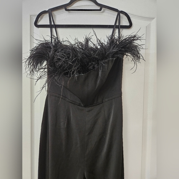 Ieena for Mac DuggalBlack Strapless Jumpsuit with Feather Trim 68146 SZ  6 NEW - Picture 4 of 11